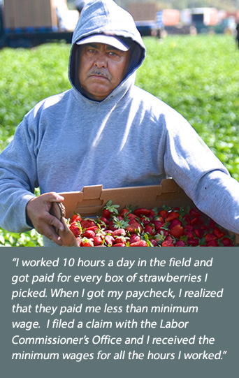 Strawberry picker: I worked 10 hours a day in the field and got paid for every box of strawberries I picked. When I got my paycheck, I realized that they paid me less than minimum wage.  I filed a claim with the Labor Commissioner's Office and I received the minimum wages for all the hours I worked.